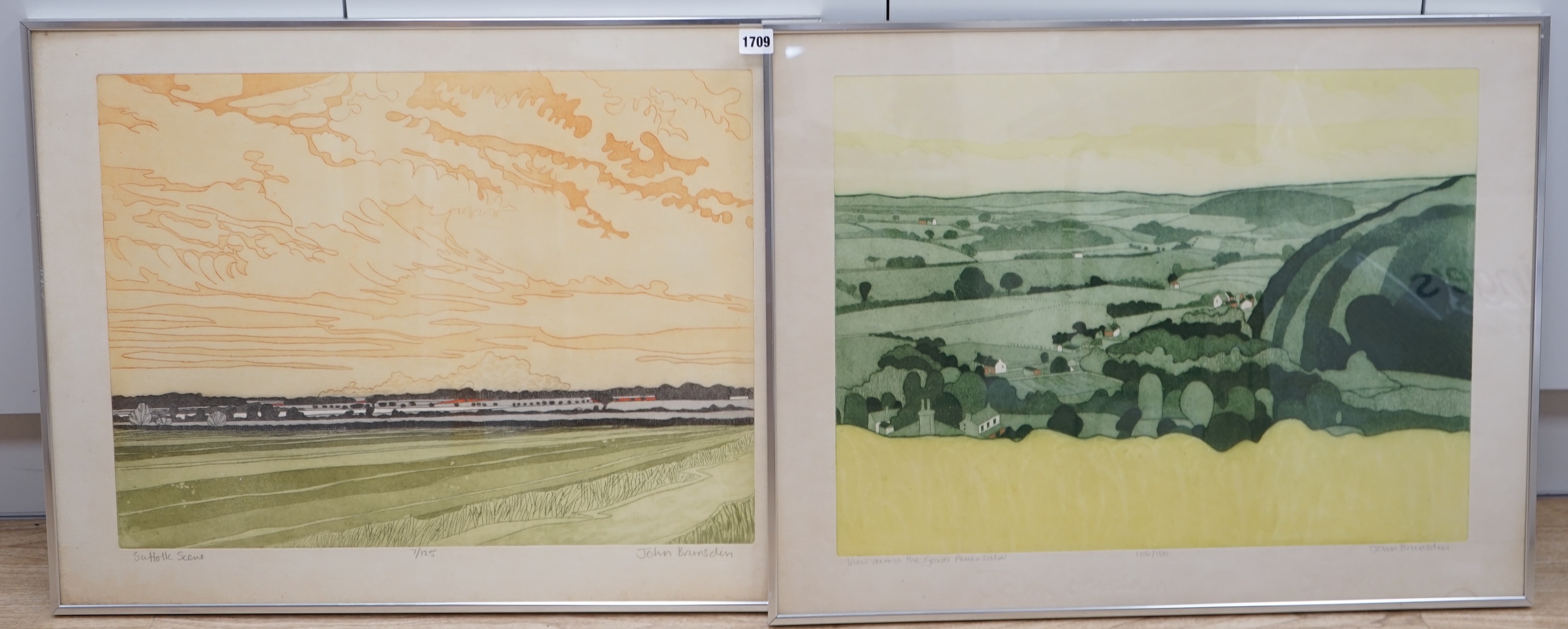 John Brunsdon (1933-2014), near pair of etchings with aquatint, 'A view across the Gower Peninsula and ‘Suffolk Scene’, each limited edition, signed in pencil, largest 55 x 70cm. Condition - fair, some discolouration and